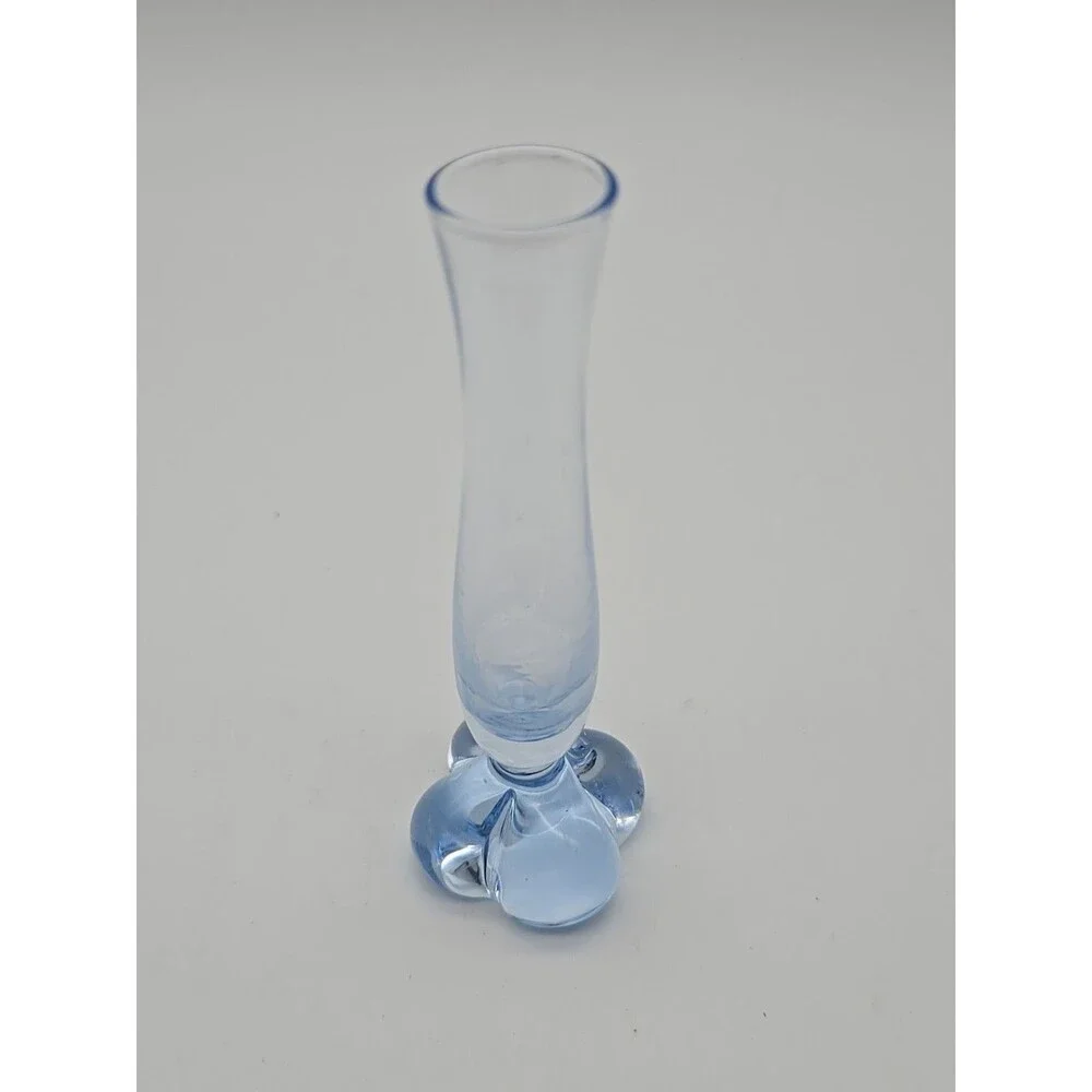 Vintage Art Glass Bud Vase Clover Foot Ice Blue Blown Glass